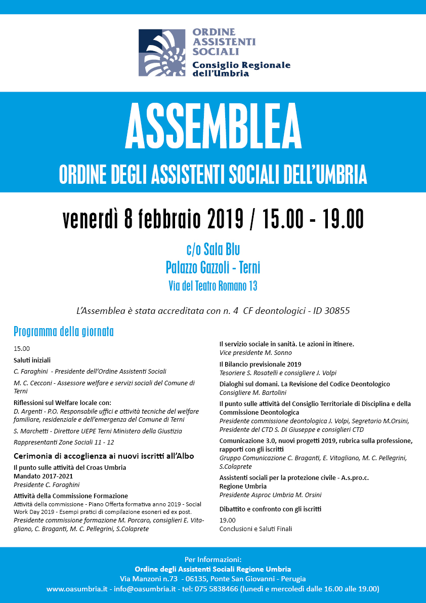 SAVE THE DATE - Assemblea degli iscritti all'Ordine degli Assistenti Sociali dell'UMBRIA