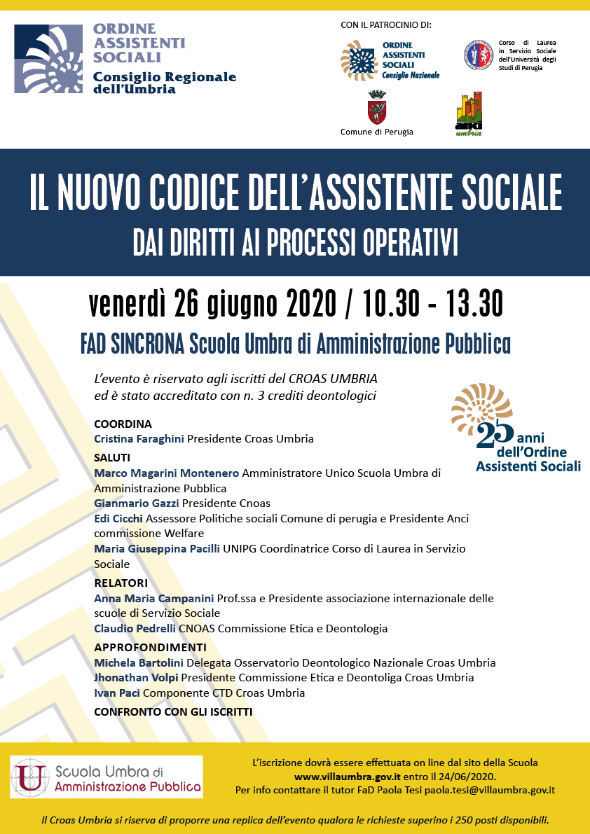 Webinar sul tema del Codice Deontologico: IL NUOVO CODICE DELL’ASSISTENTE SOCIALE DAI DIRITTI AI PROCESSI OPERATIVI