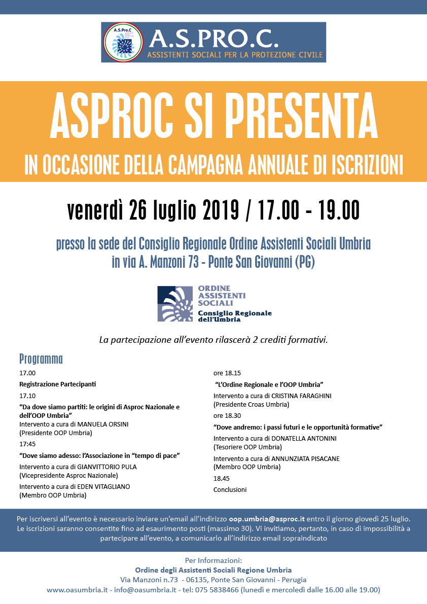 A.S.Pro.C. (Assistenti Sociali per la Protezione civile) si presenta in occasione della campagna annuale di iscrizioni